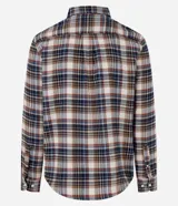 Camisa de flanela con estampado a cuadros en tonos beige, azul y rojo. Presenta cuello clásico, cierre frontal con botones y mangas largas con puños abotonados.