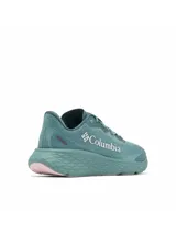 Zapatilla de running y senderismo Columbia Konos Featherweight para mujer, color verde azulado con detalles en rosa pálido en la suela. Presenta una parte superior tejida jacquard transpirable, entresuela TechLite+™ y suela Omni-Grip™ con sistema de amortiguación Omni-MAX™. El lateral lleva el logo de Columbia en blanco.