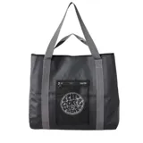 Bolso tote negro Rip Curl Surf Series de 60 litros, con asas grises y bolsillo frontal de malla con cierre.