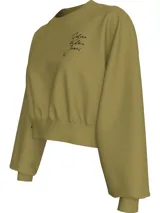 Buzo color verde oliva de corte boxy, con cuello redondo, puños y bajo de canalé. Logo escrito de Calvin Klein Jeans en el pecho.