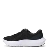 Championes de running Under Armour modelo Charged Surge 4, color gris con detalles en rosa vibrante. Presentan una parte superior de malla transpirable, entresuela blanca con tecnología de amortiguación y suela de goma negra.