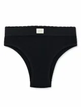 Bombacha vedetina de tejido acanalado color negro, de tiro alto con cintura elástica y detalle de pequeña etiqueta de la marca al frente.
