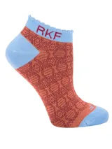 Calcetines tobilleros color naranja con diseño geométrico en azul y logo RKF en el tobillo.