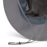 Sombrero tipo booney de la marca Columbia, color gris, con ala ancha, paneles laterales de malla para ventilación y cordón ajustable con tope en la barbilla.