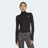 Campera deportiva Adidas Optime Essentials color negro, con cuello alto, cierre frontal completo y logo blanco de la marca en el pecho. Cuenta con mangas largas con aberturas para los pulgares y tecnología Climacool.