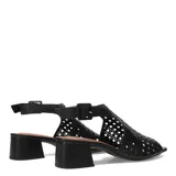 Sandalias de cuero negro con diseño calado láser en la capellada, taco block bajo y pulsera con hebilla ajustable al tobillo.