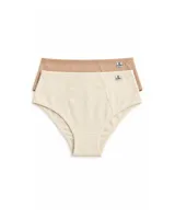Pack de dos bombachas de tiro alto en colores beige y tostado, confeccionadas en algodón liso con costuras reforzadas y pequeña etiqueta de la marca en el lateral de la cintura.