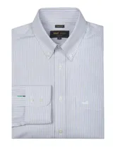 Camisa de manga larga RKF de corte regular fit, con diseño a rayas finas en tonos celestes y grises. Presenta cuello button-down, cierre frontal con botones, un bolsillo en el pecho con el logo bordado y detalles bordados en el puño.