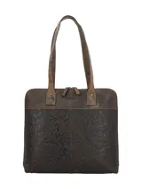 Cartera tipo tote bag marca RKF, confeccionada en cuero 100% natural color marrón con diseño grabado de hojas y ramas en relieve. Cuenta con doble asa de hombro del mismo material, cierre superior y un discreto logotipo grabado en la parte frontal.
