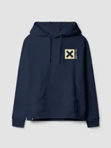 Hoodie azul marino con capucha, bolsillo tipo canguro y gran estampado cuadrado en la espalda con una letra X negra sobre fondo beige.