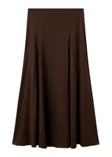 Falda larga color marrón oscuro, de corte acampanado y diseño fluido.