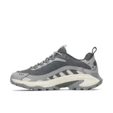 Championes de trail running Merrell modelo Moab Speed 2 Sport, color gris con detalles en beige y gris oscuro. Presentan empeine de nailon ripstop y TPU, entresuela de espuma FloatPro y suela Vibram TC5+ con tacos de tracción para un agarre excepcional.