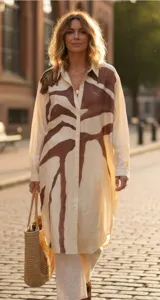 Camisa larga tipo vestido de corte oversize, color beige con estampado artístico en tonos marrones. Presenta cuello camisero, cierre frontal con botones, mangas largas y detalle de flecos en los hombros.