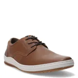 Zapato casual de hombre Freeway modelo Wave 03, color marrón, con capellada de cuero liso, punta ovalada y sistema de cordones. Posee una suela gruesa blanca con una banda de goma marrón en la base.
