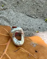 Anillo plateado con forma orgánica irregular y un agujero en el centro.