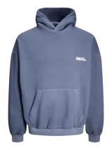 Canguro azul con capucha, manga larga, fit oversize y logo pequeño estampado en el pecho.