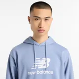 Canguro celeste con capucha y cordones ajustables, bolsillo tipo canguro y logo de New Balance estampado en blanco en el pecho.