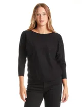 Buzo negro de tejido con strass, marca LIV Milano. Cuello redondo, manga japonesa y largo ¾.