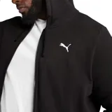 Campera deportiva con cierre frontal completo, capucha con cordones ajustables y bolsillos tipo canguro. Presenta el logo de la marca bordado en el pecho.