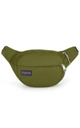 Riñonera negra de la marca JanSport, modelo Fifth Avenue, con parche frontal de la marca y cierres metálicos.