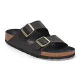 Sandalias Birkenstock modelo Arizona BF Saffiano, color negro con dos correas ajustables y hebillas doradas. La suela es de corcho y la base de goma negra.