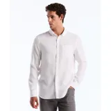 Camisa blanca de lino con cuello abotonado, manga larga y bolsillo en el pecho.