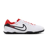 Championes de fútbol Nike Tiempo Legend 10 Pro para césped sintético, color blanco con detalles en rojo y negro. Presentan el logo de la marca en el lateral y suela con tapones diseñados para tracción en superficies artificiales.