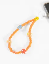 Llavero para celular con cuentas de vidrio color naranja, con cuentas decorativas de colores y dije para colgar del celular.