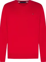 Sweater rojo de Tommy Hilfiger con cuello en V y logo bordado en el pecho.