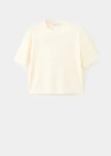 Camiseta de punto fino de algodón y lana, color beige, con diseño oversize, cuello redondo y mangas cortas.