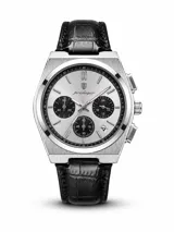 Reloj de pulsera Poedagar modelo 970 Chronograph, con caja de acero inoxidable plateada, esfera plateada con tres subesferas negras y correa de cuero negro con textura de cocodrilo.