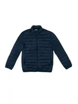 Campera puffer color beige con cierre frontal y bolsillos laterales.