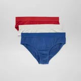 Pack de tres slips lisos en color rojo, gris y azul.