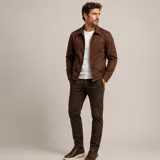 Chaqueta de gabardina con elastano, de corte clásico con cuello camisero y cierre frontal completo.