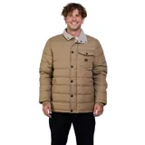 Campera parka acolchada de hombre, color beige, con cierre frontal de botones, cuello de cotelé en contraste y bolsillo en el pecho con solapa.