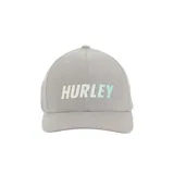 Gorro tipo béisbol de color gris oscuro, con visera curva y ajuste regulable trasero. Presenta el logo "HURLEY" estampado en el frente con un efecto de líneas horizontales en tonos celestes y blancos.