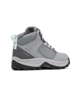 Bota de senderismo impermeable Columbia, color gris con detalles en coral. Presenta una combinación de cuero y malla en la parte superior, con entresuela amortiguada y suela de goma con tracción avanzada.