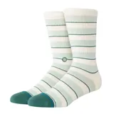 Medias de caña alta con diseño a rayas en tonos blanco y verde menta, con puntera y talón en verde oscuro.