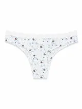 Bombacha vedetina de color blanco con estampado floral en tonos celestes y detalles de encaje en la cintura.