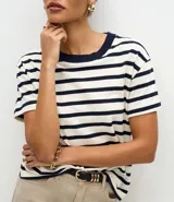 Remera de corte boxy confeccionada en algodón, con diseño de rayas horizontales en blanco y negro, cuello redondo en color negro contrastante y mangas cortas.