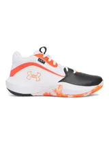 Championes de básquetbol Under Armour modelo Lockdown 7, con diseño de caña media. Presentan una combinación de colores blanco, negro y naranja, con parte superior de malla transpirable y superposiciones de cuero sintético. Incluyen entresuela de EVA para amortiguación ligera y suela de caucho con patrón de tracción.