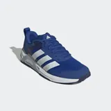 Championes de entrenamiento Adidas Dropset Control, color azul con las icónicas tres tiras laterales en blanco y detalles en gris. Presentan un diseño de malla transpirable, mediasuela estable y sistema de torsión en el mediopié para mayor sujeción.