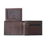 Billetera marrón de cuero sintético con logo Rip Curl grabado en la parte inferior.