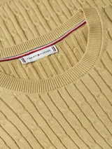 Sweater de manga larga color verde claro, con cuello redondo y tejido de punto trenzado (cable knit) vertical. Presenta un pequeño logo bordado en el pecho.