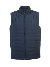 Chaleco acolchado acolchado azul marino de la marca RKF, con diseño de cuello alto, cierre frontal completo y bolsillos laterales. Confeccionado con nylon y spandex, y relleno de poliéster reciclado.