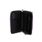 Billetera grande con cierre, color púrpura, con logo XL en el frente y herrajes plateados. Cuenta con 16 compartimentos y un bolsillo interno con cierre.