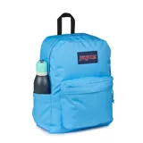Mochila Jansport modelo Superbreak, color celeste liso, con un compartimento principal y un bolsillo frontal con cierre. Cuenta con asa superior negra.