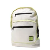 Mochila color blanco hueso con detalles en verde flúor, con dos compartimentos frontales con cierre y logo de la marca en el frente.