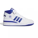 Championes de corte medio Adidas Forum Mid, color blanco con detalles en azul vibrante. Presentan el diseño clásico de la marca con las tres tiras laterales, cierre de velcro en el tobillo y suela de goma resistente.