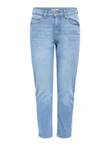 Pantalón jeans mom fit de tiro medio, color gris oscuro con efecto gastado, corte tipo girlfriend y costuras en contraste.